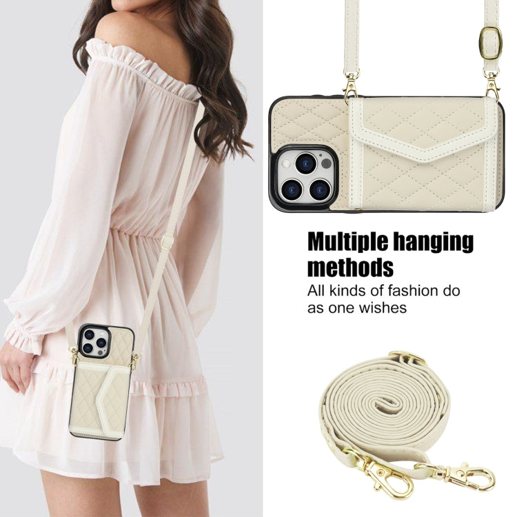 Splicing Rhombic Texture Card Bag Phone Case with Long Lanyard, For iPhone 15, For iPhone 13 / 14, For iPhone 14 Pro, For iPhone 14 Pro Max