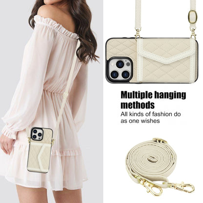 Splicing Rhombic Texture Card Bag Phone Case with Long Lanyard, For iPhone 15, For iPhone 13 / 14, For iPhone 14 Pro, For iPhone 14 Pro Max