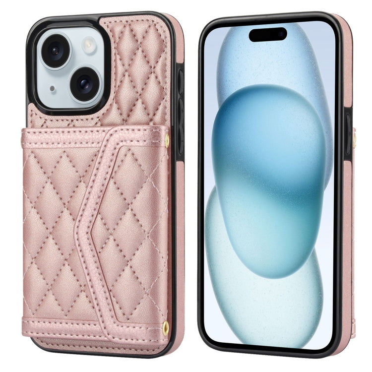 Splicing Rhombic Texture Card Bag Phone Case with Long Lanyard, For iPhone 15, For iPhone 13 / 14, For iPhone 14 Pro, For iPhone 14 Pro Max