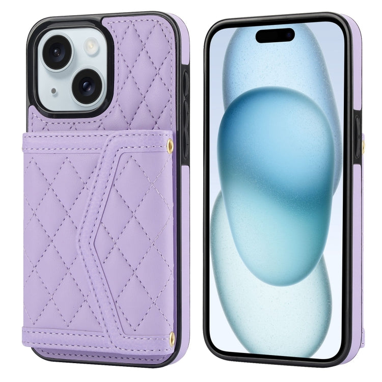 Splicing Rhombic Texture Card Bag Phone Case with Long Lanyard, For iPhone 15, For iPhone 13 / 14, For iPhone 14 Pro, For iPhone 14 Pro Max