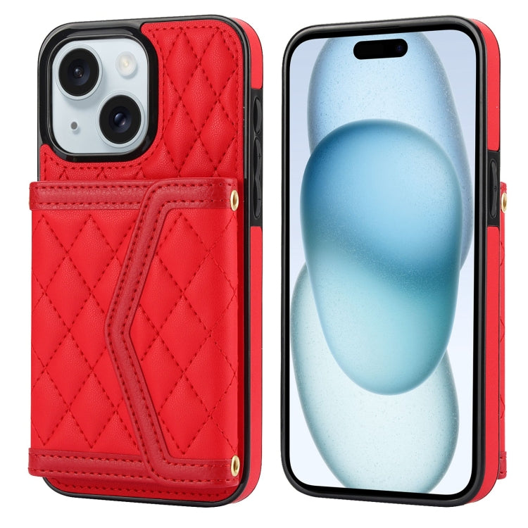 Splicing Rhombic Texture Card Bag Phone Case with Long Lanyard, For iPhone 15, For iPhone 13 / 14, For iPhone 14 Pro, For iPhone 14 Pro Max