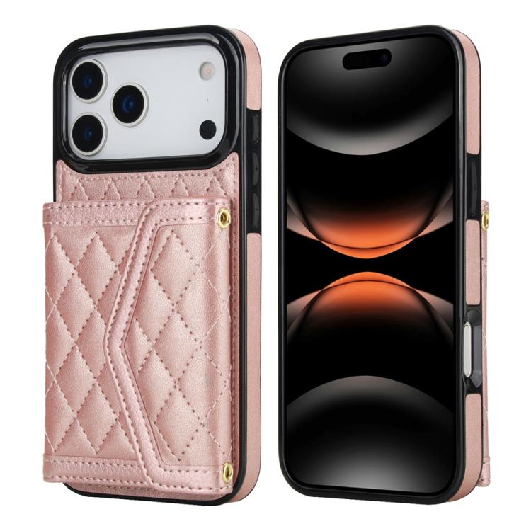 Splicing Rhombic Texture Card Bag Phone Case with Long Lanyard, For iPhone 17 Pro Max, For iPhone 17 Pro, For iPhone 17, For iPhone Air