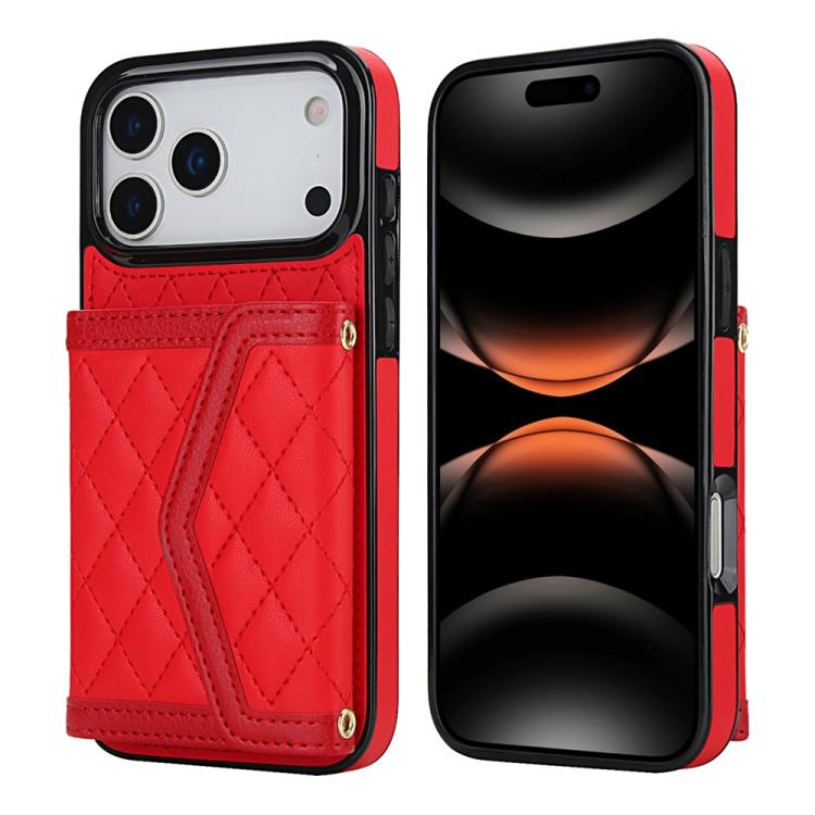 Splicing Rhombic Texture Card Bag Phone Case with Long Lanyard, For iPhone 17e / 16e, For iPhone 17 Pro Max, For iPhone 17 Pro, For iPhone 17