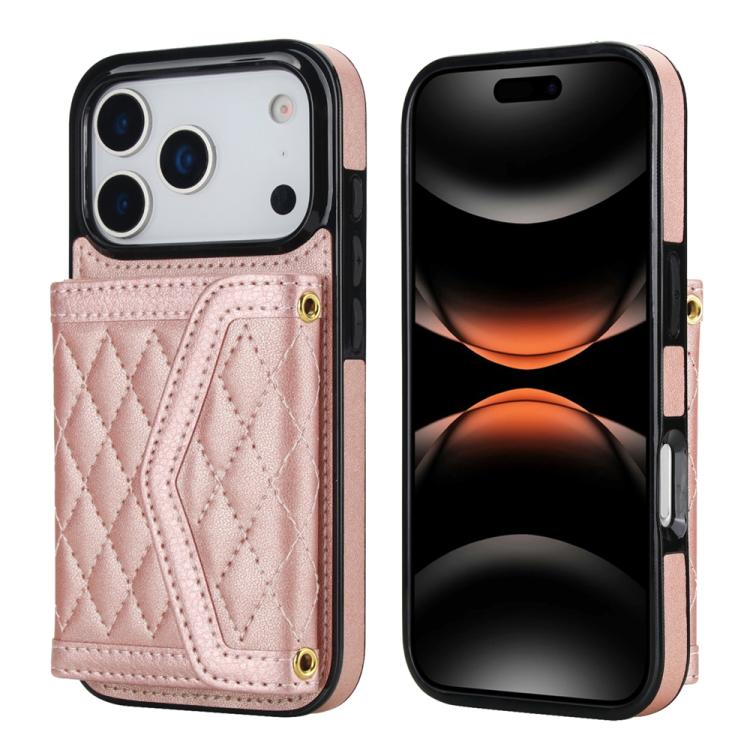 Splicing Rhombic Texture Card Bag Phone Case with Long Lanyard, For iPhone 17e / 16e, For iPhone 17 Pro Max, For iPhone 17 Pro, For iPhone 17