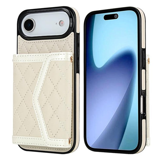 Splicing Rhombic Texture Card Bag Phone Case with Long Lanyard, For iPhone Air, For iPhone 16 Pro Max, For iPhone 16 Pro, For iPhone 16 Plus
