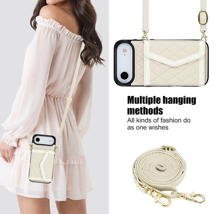 Splicing Rhombic Texture Card Bag Phone Case with Long Lanyard, For iPhone Air, For iPhone 16 Pro Max, For iPhone 16 Pro, For iPhone 16 Plus