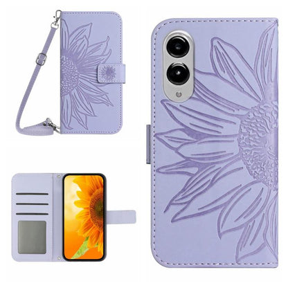 Skin Feel Sun Flower Embossed Flip Leather Phone Case with Lanyard