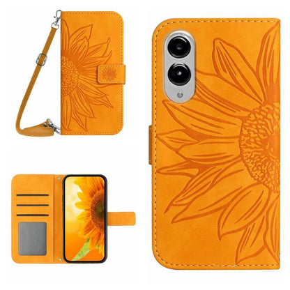 Skin Feel Sun Flower Embossed Flip Leather Phone Case with Lanyard