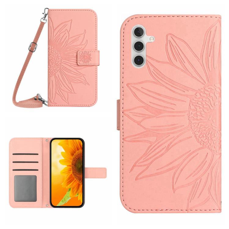 Skin Feel Sun Flower Embossed Flip Leather Phone Case with Lanyard