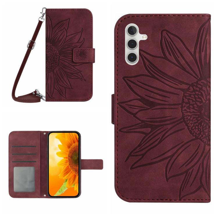 Skin Feel Sun Flower Embossed Flip Leather Phone Case with Lanyard
