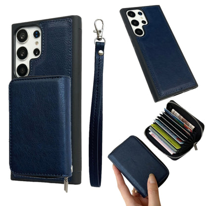 Solid Color Zipper 11-Card Slots Bag Phone Case with Lanyard