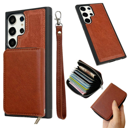 Solid Color Zipper 11-Card Slots Bag Phone Case with Lanyard