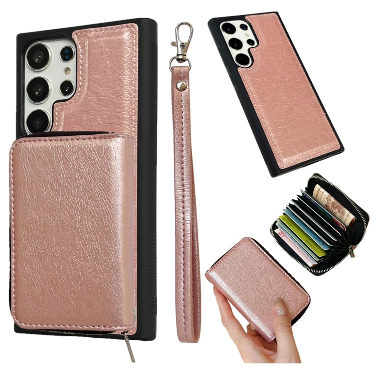 Solid Color Zipper 11-Card Slots Bag Phone Case with Lanyard