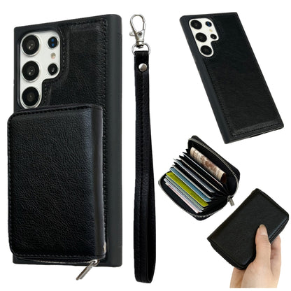 Solid Color Zipper 11-Card Slots Bag Phone Case with Lanyard