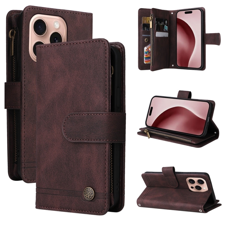 Skin Feel Multi-Card Wallet Zipper Leather Phone Case, For iPhone 16 Pro Max, For iPhone 16 Pro, For iPhone 16 Plus, For iPhone 16