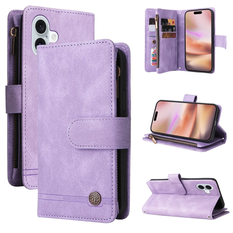 Skin Feel Multi-Card Wallet Zipper Leather Phone Case, For iPhone 16 Pro Max, For iPhone 16 Pro, For iPhone 16 Plus, For iPhone 16