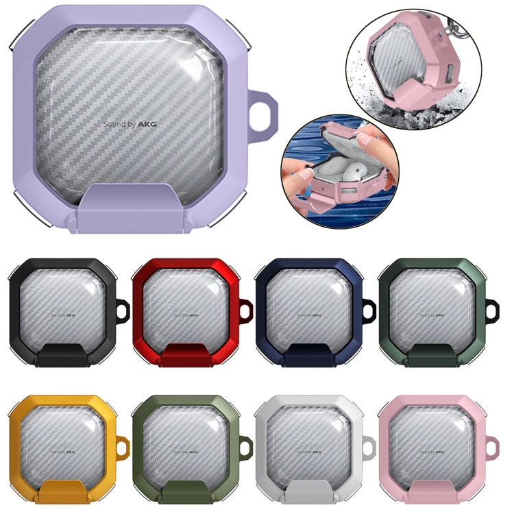 Transparent Carbon Fiber TPU Hybrid PC Case with Hook & Holder, For Samsung Galaxy Buds2 / Live / Pro / FE