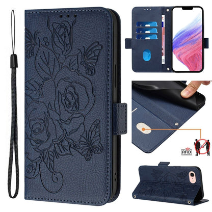 Embossed Rose RFID Anti-theft Leather Phone Case, For iPhone 14 Pro Max, For iPhone SE 2022 / SE 2020 / 8 / 7, For iPhone 13 Pro Max, For iPhone 13 Pro