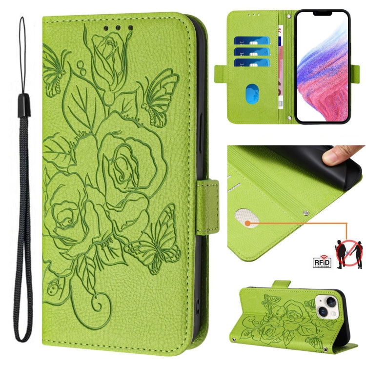 Embossed Rose RFID Anti-theft Leather Phone Case, For iPhone 15, For iPhone 14 Plus, For iPhone 14 / 13, For iPhone 14 Pro