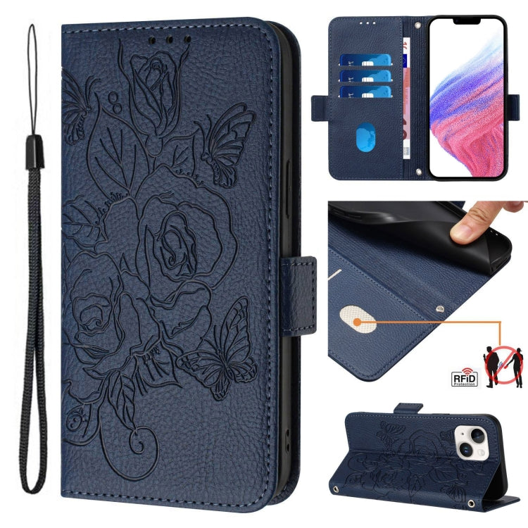 Embossed Rose RFID Anti-theft Leather Phone Case, For iPhone 15, For iPhone 14 Plus, For iPhone 14 / 13, For iPhone 14 Pro