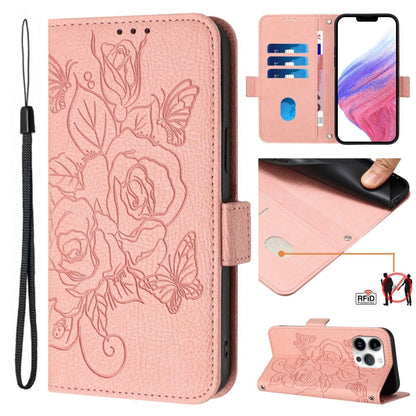 Embossed Rose RFID Anti-theft Leather Phone Case, For iPhone 15, For iPhone 14 Plus, For iPhone 14 / 13, For iPhone 14 Pro