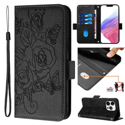 Embossed Rose RFID Anti-theft Leather Phone Case, For iPhone 15, For iPhone 14 Plus, For iPhone 14 / 13, For iPhone 14 Pro