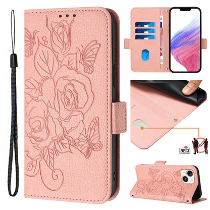 Embossed Rose RFID Anti-theft Leather Phone Case, For iPhone 15, For iPhone 14 Plus, For iPhone 14 / 13, For iPhone 14 Pro
