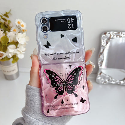 Water Wave Texture Butterfly Pattern Phone Case with Bracelet, For Samsung Galaxy Z Flip6 / Flip7 FE, For Samsung Galaxy Z Flip5, For Samsung Galaxy Z Flip4 5G, For Samsung Galaxy Z Flip3 5G