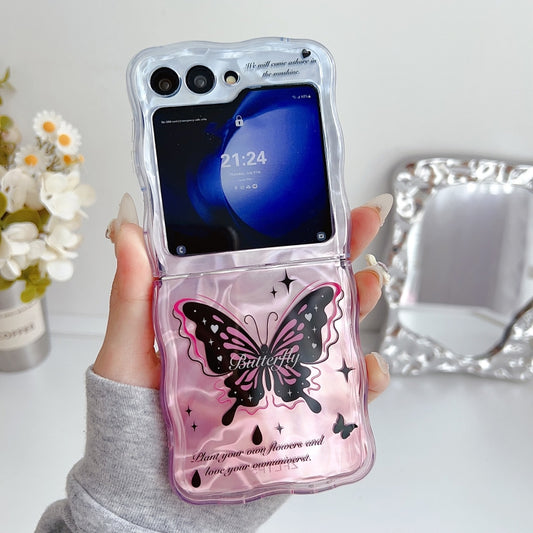 Water Wave Texture Butterfly Pattern Phone Case with Bracelet, For Samsung Galaxy Z Flip6 / Flip7 FE, For Samsung Galaxy Z Flip4 5G, For Samsung Galaxy Z Flip3 5G