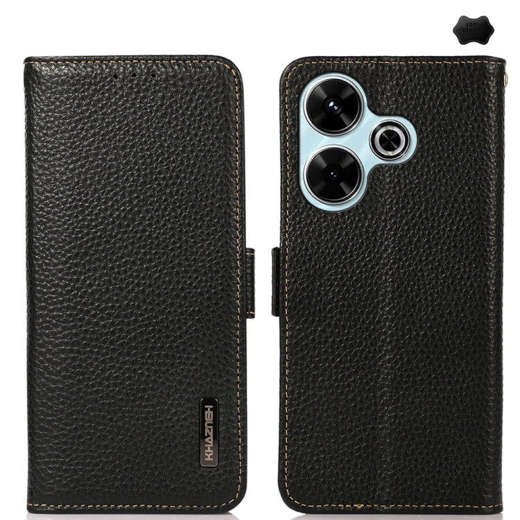 KHAZNEH Side-Magnetic Litchi Genuine Leather RFID Phone Case, For Redmi Turbo 4 / Poco X7 Pro, For Redmi Note 14 5G, For Redmi Note 14 Pro 5G, For Redmi 14C 4G, For Redmi 13 4G