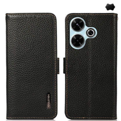 KHAZNEH Side-Magnetic Litchi Genuine Leather RFID Phone Case, For Redmi Turbo 4 / Poco X7 Pro, For Redmi Note 14 5G, For Redmi Note 14 Pro 5G, For Redmi 14C 4G, For Redmi 13 4G