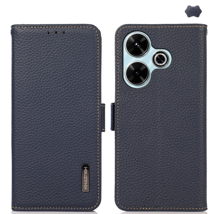 KHAZNEH Side-Magnetic Litchi Genuine Leather RFID Phone Case, For Redmi Turbo 4 / Poco X7 Pro, For Redmi Note 14 5G, For Redmi Note 14 Pro 5G, For Redmi 14C 4G, For Redmi 13 4G