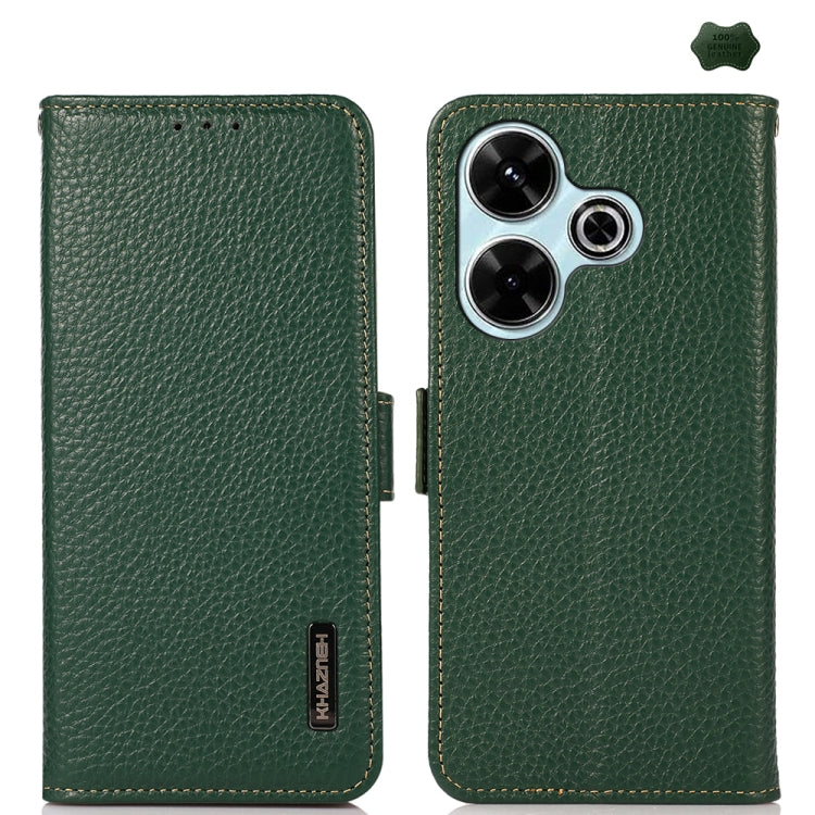 KHAZNEH Side-Magnetic Litchi Genuine Leather RFID Phone Case, For Redmi Turbo 4 / Poco X7 Pro, For Redmi Note 14 5G, For Redmi Note 14 Pro 5G, For Redmi 14C 4G, For Redmi 13 4G