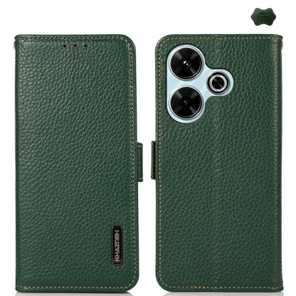 KHAZNEH Side-Magnetic Litchi Genuine Leather RFID Phone Case, For Redmi Turbo 4 / Poco X7 Pro, For Redmi Note 14 5G, For Redmi Note 14 Pro 5G, For Redmi 14C 4G, For Redmi 13 4G