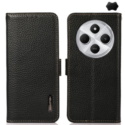 KHAZNEH Side-Magnetic Litchi Genuine Leather RFID Phone Case, For Redmi Turbo 4 / Poco X7 Pro, For Redmi Note 14 5G, For Redmi Note 14 Pro 5G, For Redmi 14C 4G, For Redmi 13 4G