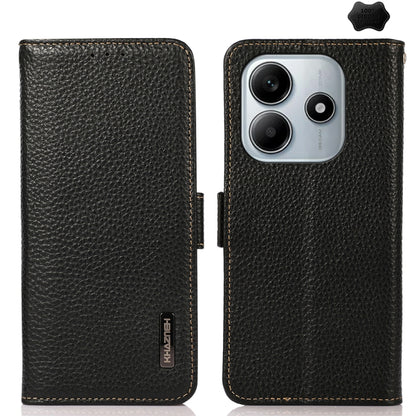 KHAZNEH Side-Magnetic Litchi Genuine Leather RFID Phone Case, For Redmi Turbo 4 / Poco X7 Pro, For Redmi Note 14 5G, For Redmi Note 14 Pro 5G, For Redmi 14C 4G, For Redmi 13 4G
