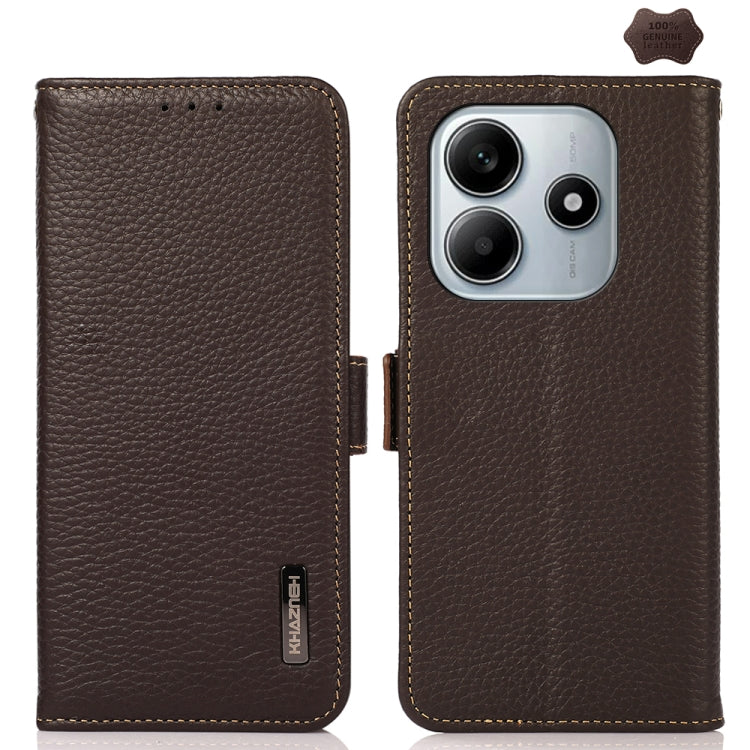 KHAZNEH Side-Magnetic Litchi Genuine Leather RFID Phone Case, For Redmi Turbo 4 / Poco X7 Pro, For Redmi Note 14 5G, For Redmi Note 14 Pro 5G, For Redmi 14C 4G, For Redmi 13 4G