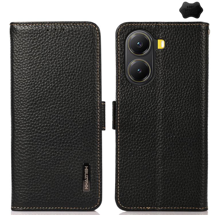 KHAZNEH Side-Magnetic Litchi Genuine Leather RFID Phone Case, For Redmi Note 14S 4G, For Redmi Turbo 4 Pro, For Redmi Turbo 4 / Poco X7 Pro, For Redmi Note 14 5G, For Redmi Note 14 Pro 5G, For Redmi 14C 4G
