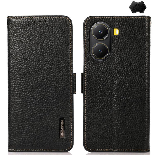 KHAZNEH Side-Magnetic Litchi Genuine Leather RFID Phone Case, For Redmi Turbo 4 / Poco X7 Pro, For Redmi Note 14 5G, For Redmi Note 14 Pro 5G, For Redmi 14C 4G, For Redmi 13 4G