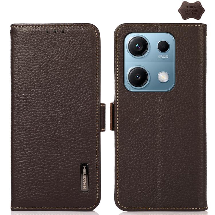 KHAZNEH Side-Magnetic Litchi Genuine Leather RFID Phone Case, For Redmi Note 14S 4G, For Redmi Turbo 4 Pro, For Redmi Turbo 4 / Poco X7 Pro, For Redmi Note 14 5G, For Redmi Note 14 Pro 5G, For Redmi 14C 4G