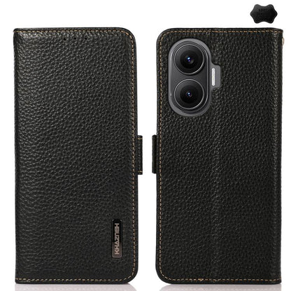KHAZNEH Side-Magnetic Litchi Genuine Leather RFID Phone Case, For Redmi Note 14S 4G, For Redmi Turbo 4 Pro, For Redmi Turbo 4 / Poco X7 Pro, For Redmi Note 14 5G, For Redmi Note 14 Pro 5G, For Redmi 14C 4G