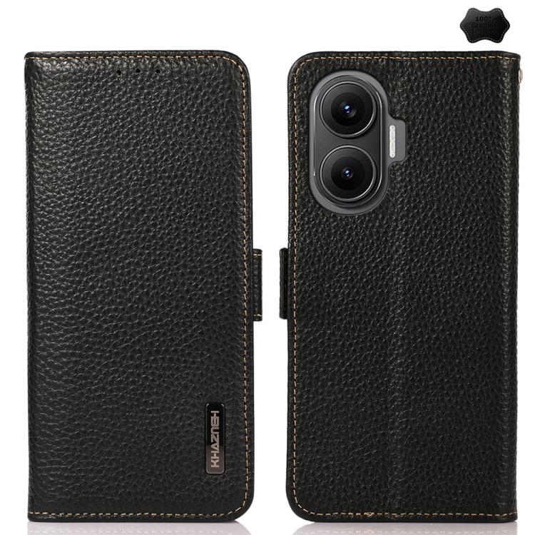 KHAZNEH Side-Magnetic Litchi Genuine Leather RFID Phone Case, For Redmi K90/Poco F8 Pro, For Redmi Note 15 Pro 5G Global 163.6mm, For Redmi 13x, For Redmi Note 14S 4G, For Redmi Turbo 4 Pro, For Redmi Turbo 4 / Poco X7 Pro