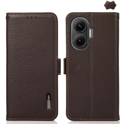 KHAZNEH Side-Magnetic Litchi Genuine Leather RFID Phone Case, For Redmi Note 14S 4G, For Redmi Turbo 4 Pro, For Redmi Turbo 4 / Poco X7 Pro, For Redmi Note 14 5G, For Redmi Note 14 Pro 5G, For Redmi 14C 4G