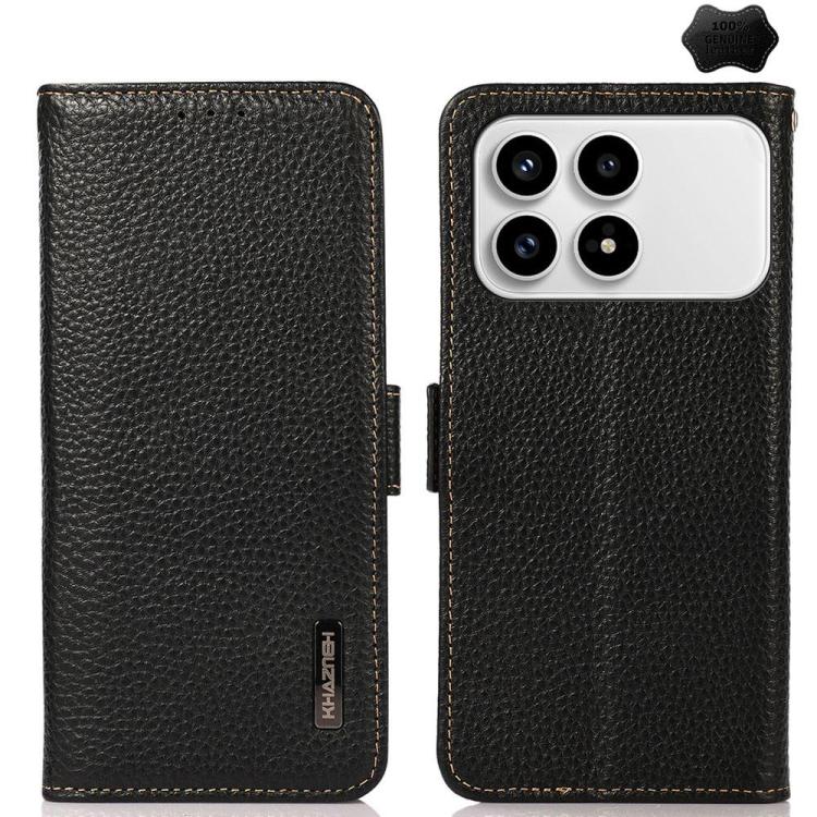 KHAZNEH Side-Magnetic Litchi Genuine Leather RFID Phone Case, For Redmi K90 Pro Max/Poco F8 Ultra, For Redmi K90/Poco F8 Pro, For Redmi Note 15 Pro+ 5G Global 163.3mm, For Redmi Note 15 Pro 5G Global 163.6mm, For Redmi Note 15 5G Global 164mm����������...