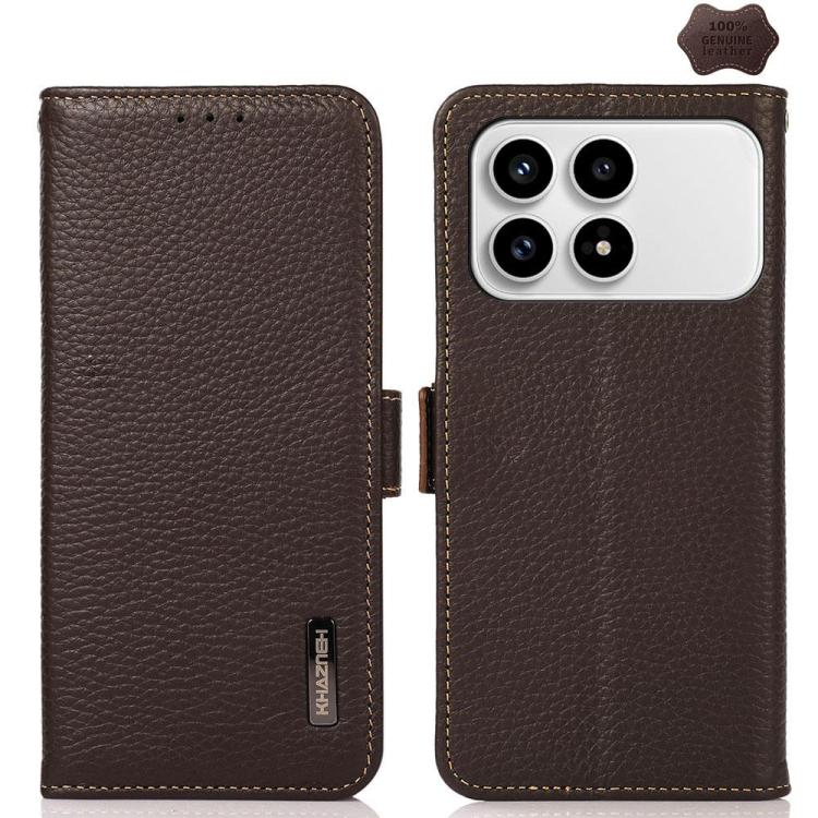 KHAZNEH Side-Magnetic Litchi Genuine Leather RFID Phone Case, For Redmi K90/Poco F8 Pro, For Redmi Note 15 Pro 5G Global 163.6mm, For Redmi 13x, For Redmi Note 14S 4G, For Redmi Turbo 4 Pro, For Redmi Turbo 4 / Poco X7 Pro