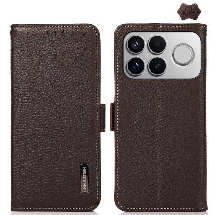 KHAZNEH Side-Magnetic Litchi Genuine Leather RFID Phone Case, For Redmi Turbo 5 Max 5G / Poco X8 Pro Max 5G, For Redmi Turbo 5 5G / Poco X8 Pro 5G, For Redmi Note 15 Pro+ 5G Global 163.3mm, For Redmi Note 15 5G Global 164mm                             ...