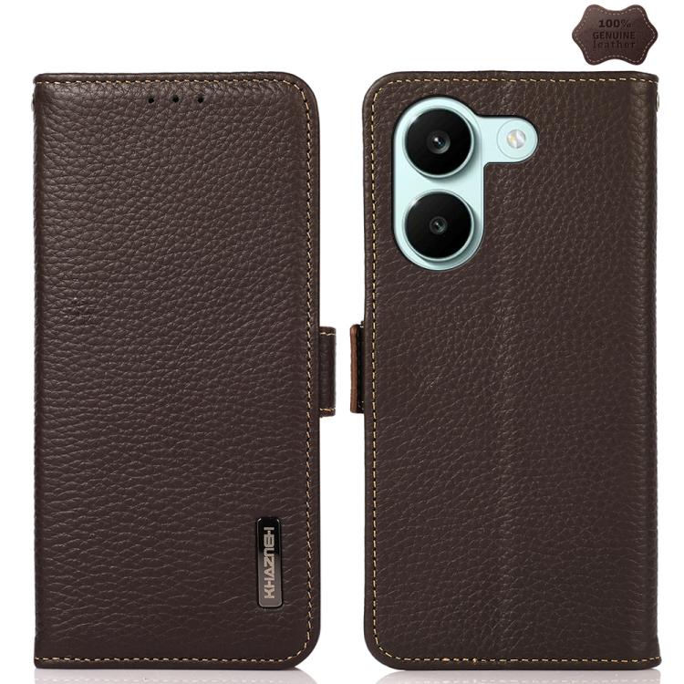 KHAZNEH Side-Magnetic Litchi Genuine Leather RFID Phone Case, For Redmi Turbo 5 Max 5G / Poco X8 Pro Max 5G, For Redmi Turbo 5 5G / Poco X8 Pro 5G, For Redmi Note 15 Pro+ 5G Global 163.3mm, For Redmi Note 15 5G Global 164mm                             ...