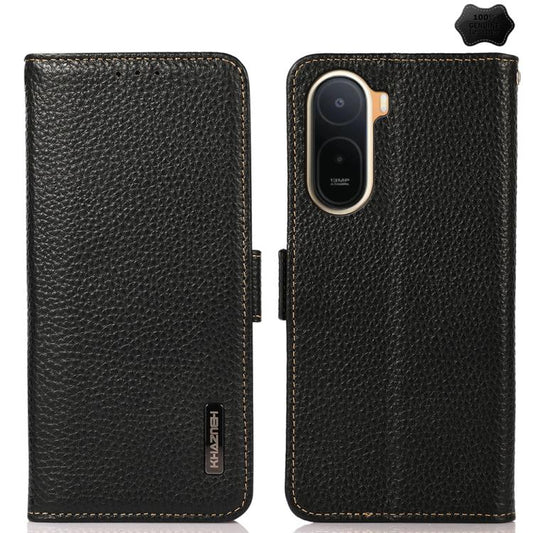 KHAZNEH Side-Magnetic Litchi Genuine Leather RFID Phone Case, For Redmi A7 Pro 171mm / Poco C85x 5G, For Redmi Turbo 5 Max 5G / Poco X8 Pro Max 5G, For Redmi Turbo 5 5G / Poco X8 Pro 5G, For Redmi Note 15 Pro+ 5G Global 163.3mm