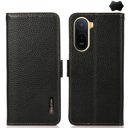 KHAZNEH Side-Magnetic Litchi Genuine Leather RFID Phone Case, For Redmi A7 Pro 171mm / Poco C85x 5G, For Redmi Turbo 5 Max 5G / Poco X8 Pro Max 5G, For Redmi Turbo 5 5G / Poco X8 Pro 5G, For Redmi Note 15 Pro+ 5G Global 163.3mm                         ...