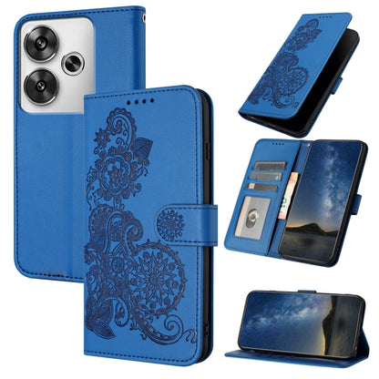 Datura Flower Embossed Flip Leather Phone Case, For Redmi Turbo 3 / Poco F6, For Redmi Note 13R Pro / Poco X6 Neo, For Redmi Note 12 Turbo / Poco F5